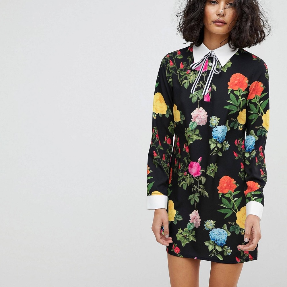 ASOS Reclaimed Vintage Shift Dress with Tie Neck in Floral